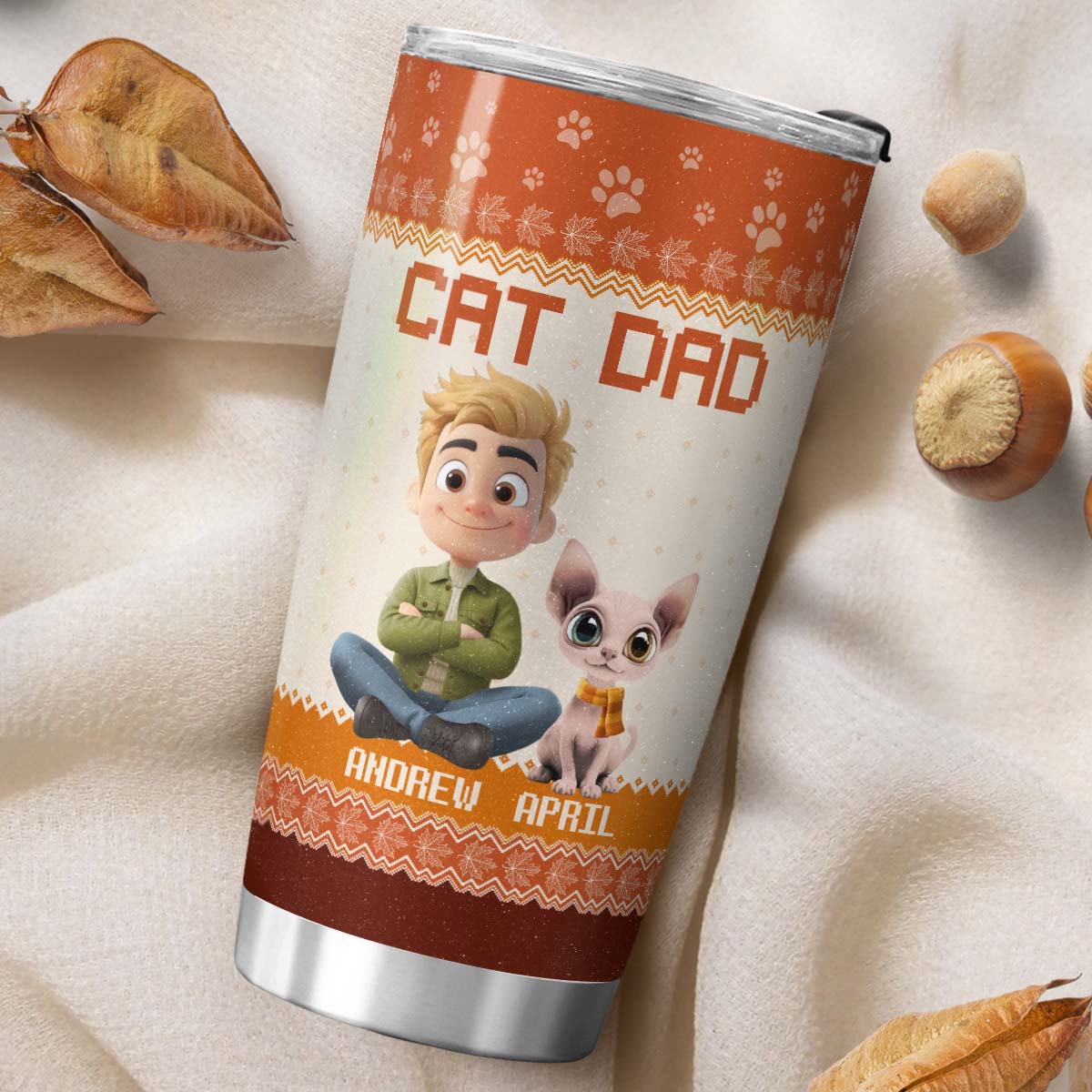 PSTB18 Cat Dad Autumn Leave 3D Cartoon Dog Lover - Personalized Custom Tumbler