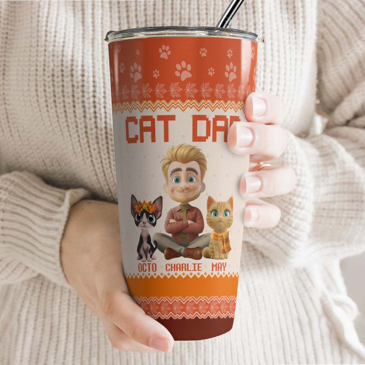PSTB18 Cat Dad Autumn Leave 3D Cartoon Dog Lover - Personalized Custom Tumbler