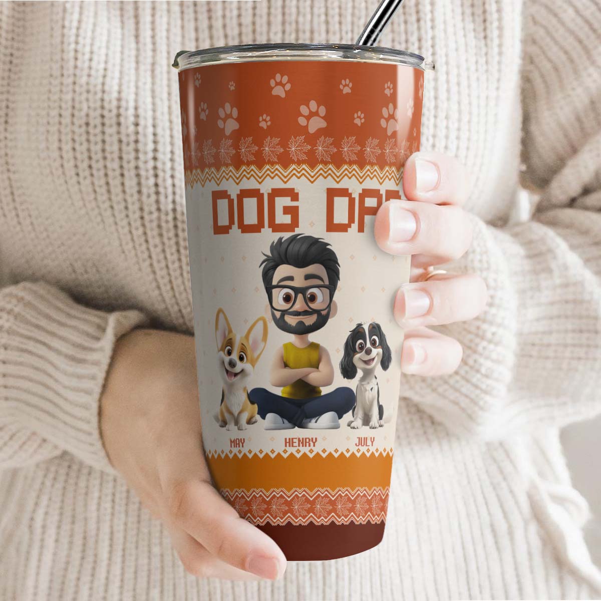 PSTB14 Dog Dad Autumn Leave 3D Cartoon Cute - Personalized Custom Tumbler