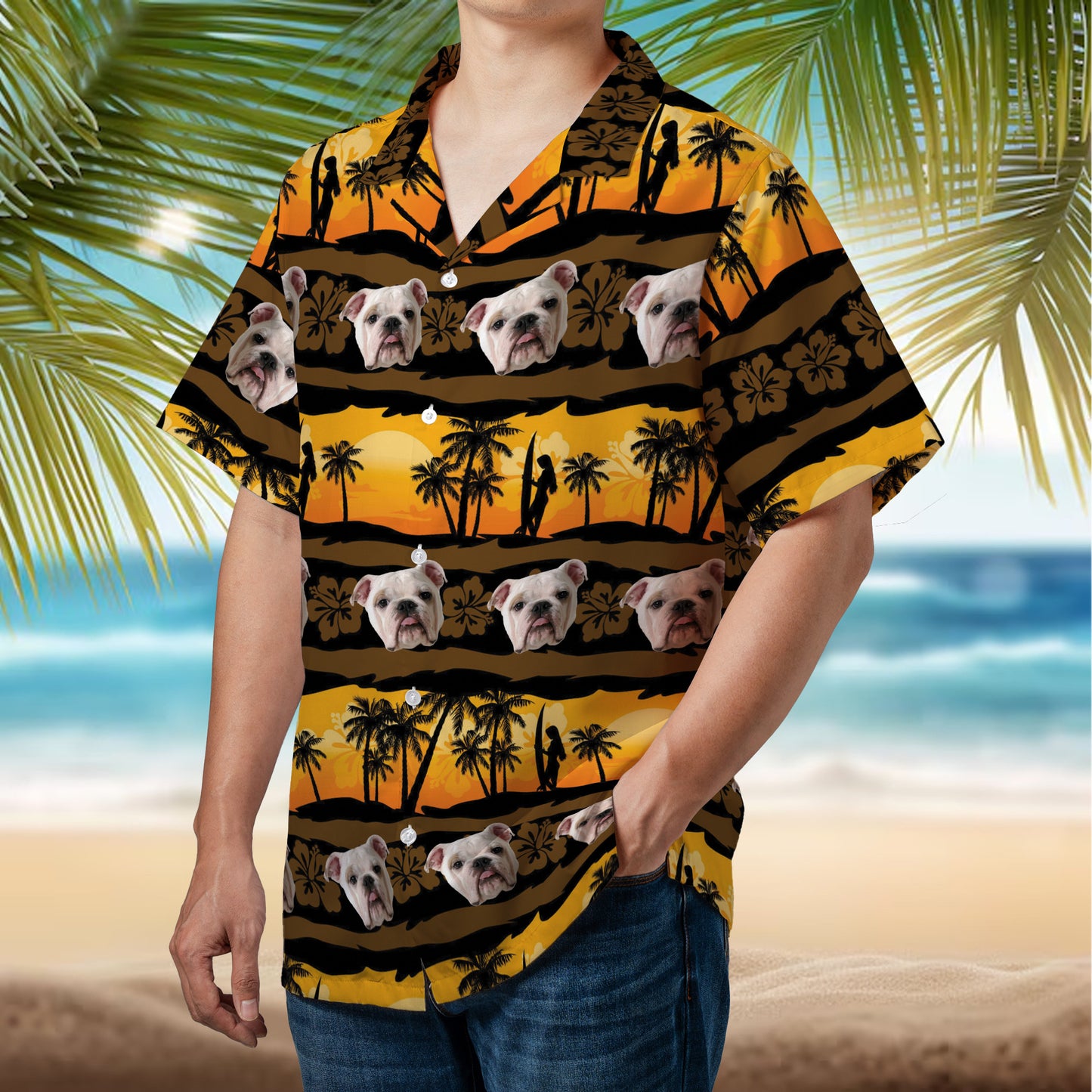PSH09 Personalized Photo Upload Dog Lover Tropical Frangipani With Palms Sunrise Seamless Hawaiian Shirt