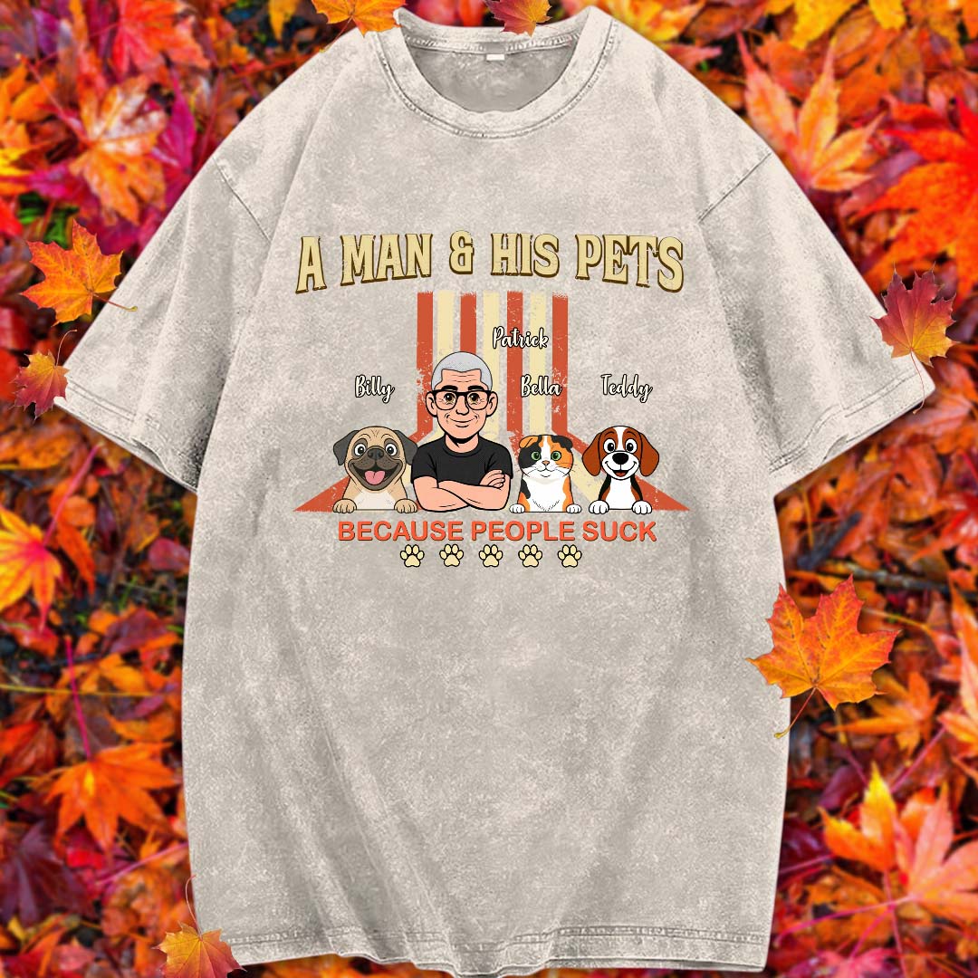 UPST34 A Man And His Pet Retro Style - Personalized Custom Washed T-shirt