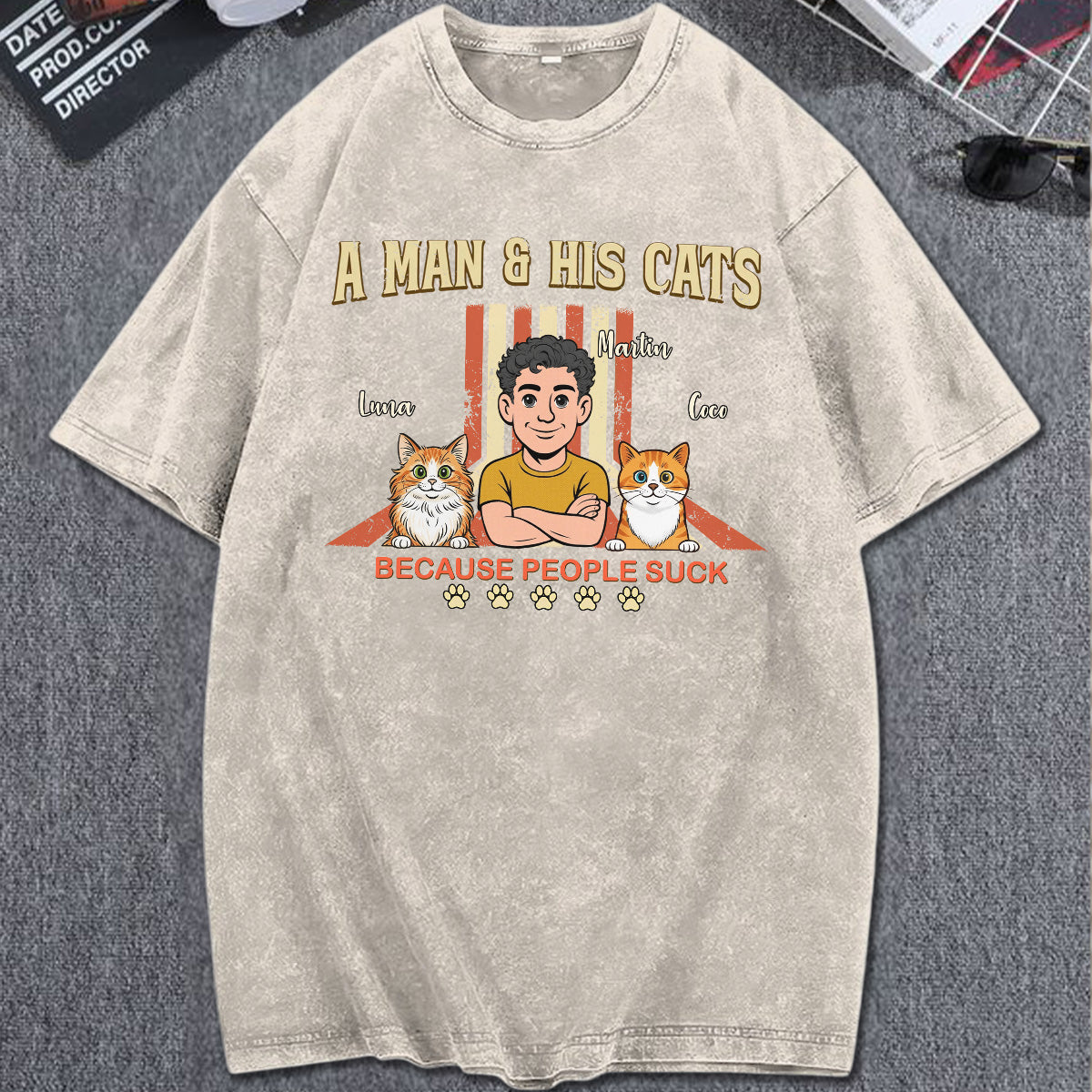 UPST34 A Man And His Cat Retro Style - Personalized Custom Washed T-shirt