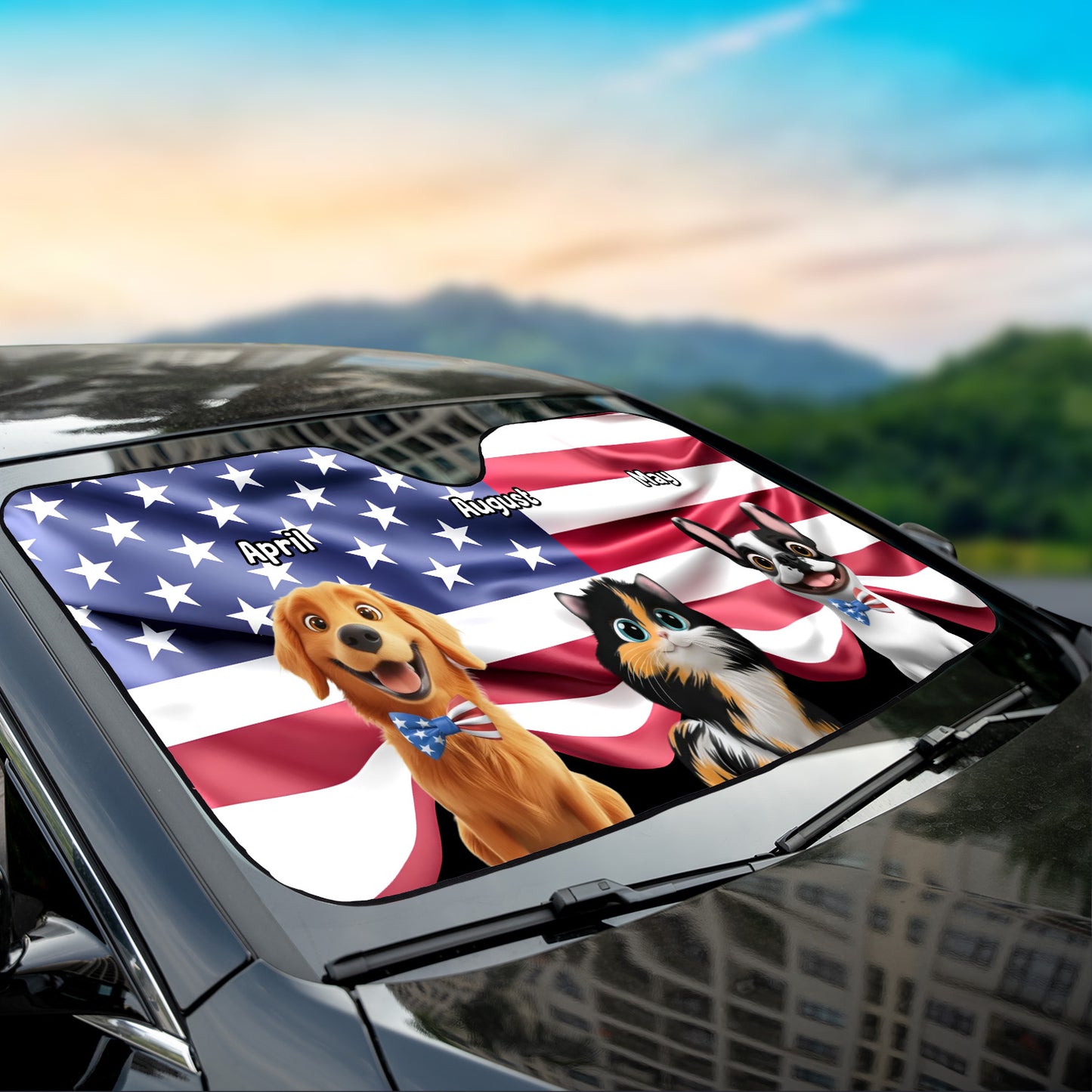 PSTC05 Fur Dog Cat Dad Mom American Flag - Personalized Custom Car Sunshade