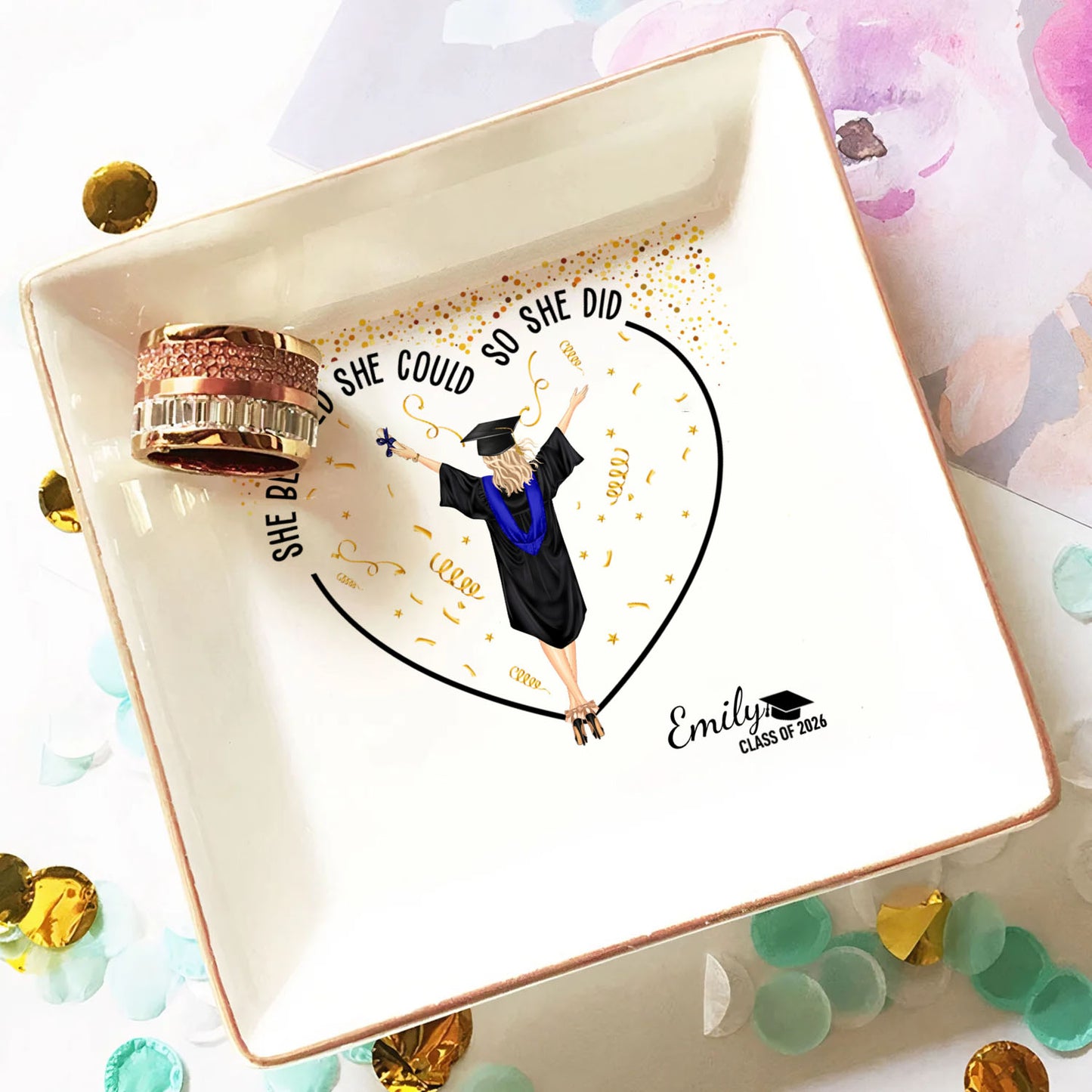 PSD10 She Believed She Could So She Did Graduation Gift - Personalized Custom Jewelry Dish