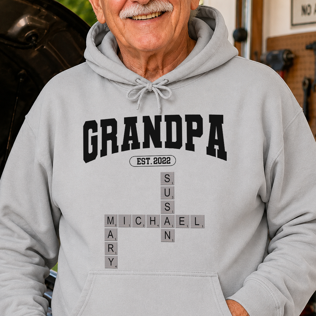 VPST52 Grandpa Kids Names Crossword Puzzle - Personalized T-shirt Hoodie
