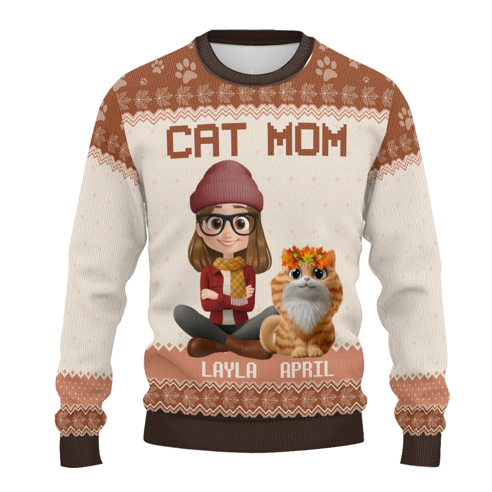 PSTS26 Cat Mom Mum Autumn Leave 3D Cartoon Dog Lover - Personalized Custom Sweater