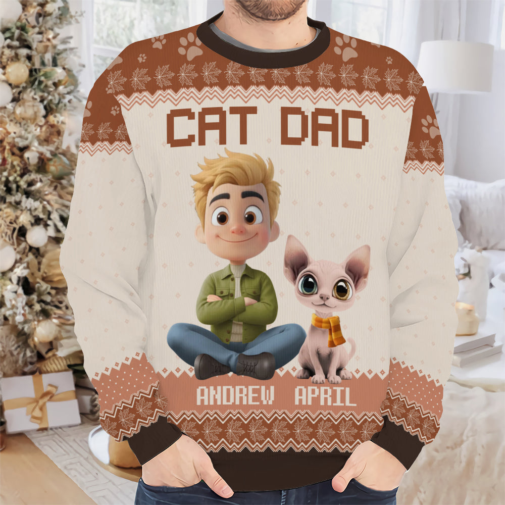 PSTS27 Cat Dad Autumn Leave 3D Cartoon Dog Lover - Personalized Custom Sweater
