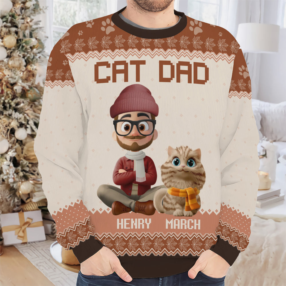 PSTS27 Cat Dad Autumn Leave 3D Cartoon Dog Lover - Personalized Custom Sweater
