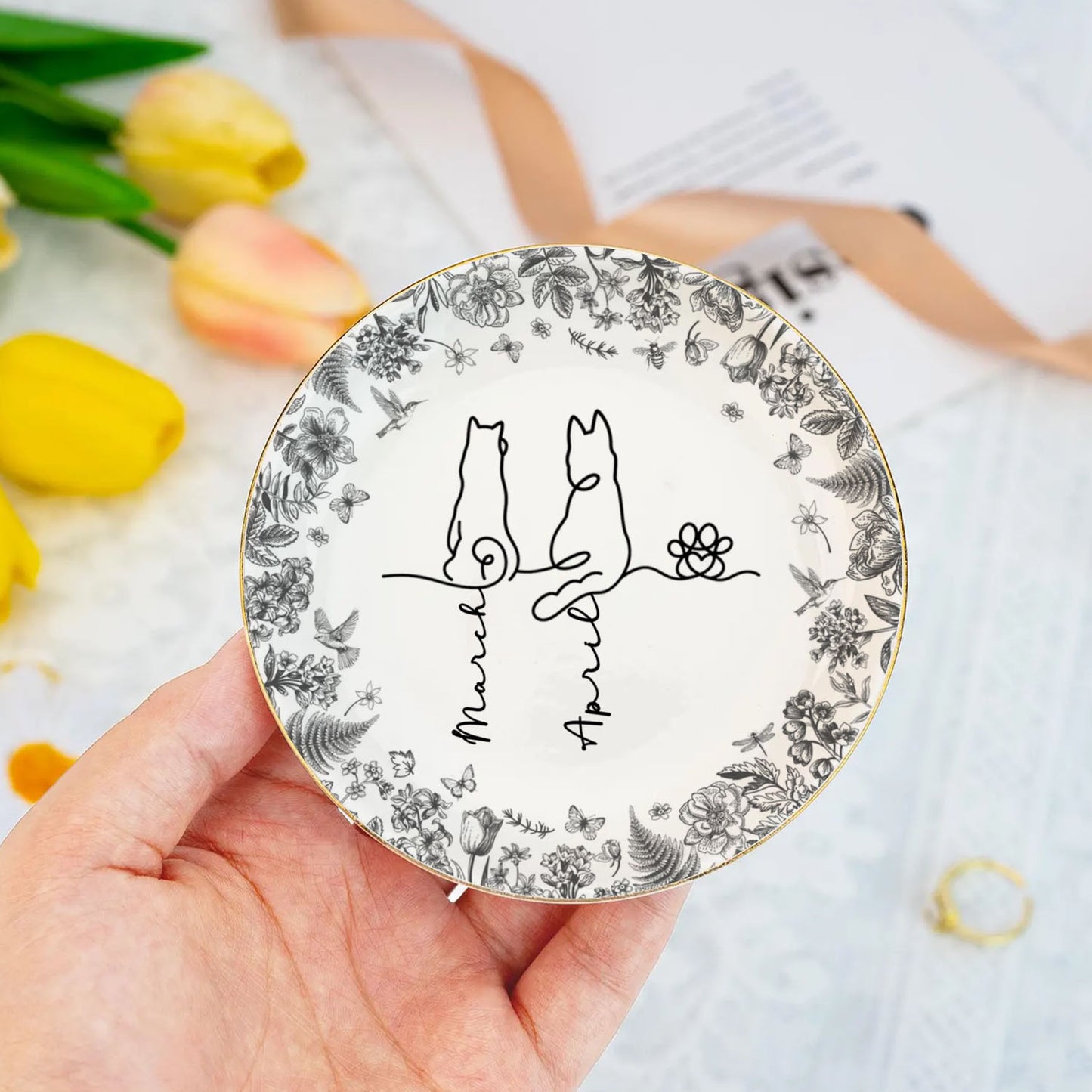 PSD04 Toile De Jouy French Dog Line - Personalized Custom Jewelry Dish