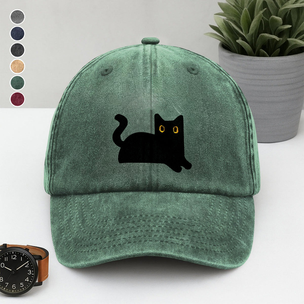 PSC29 Black Cat Funny Cat Lover - Wash Denim Cap