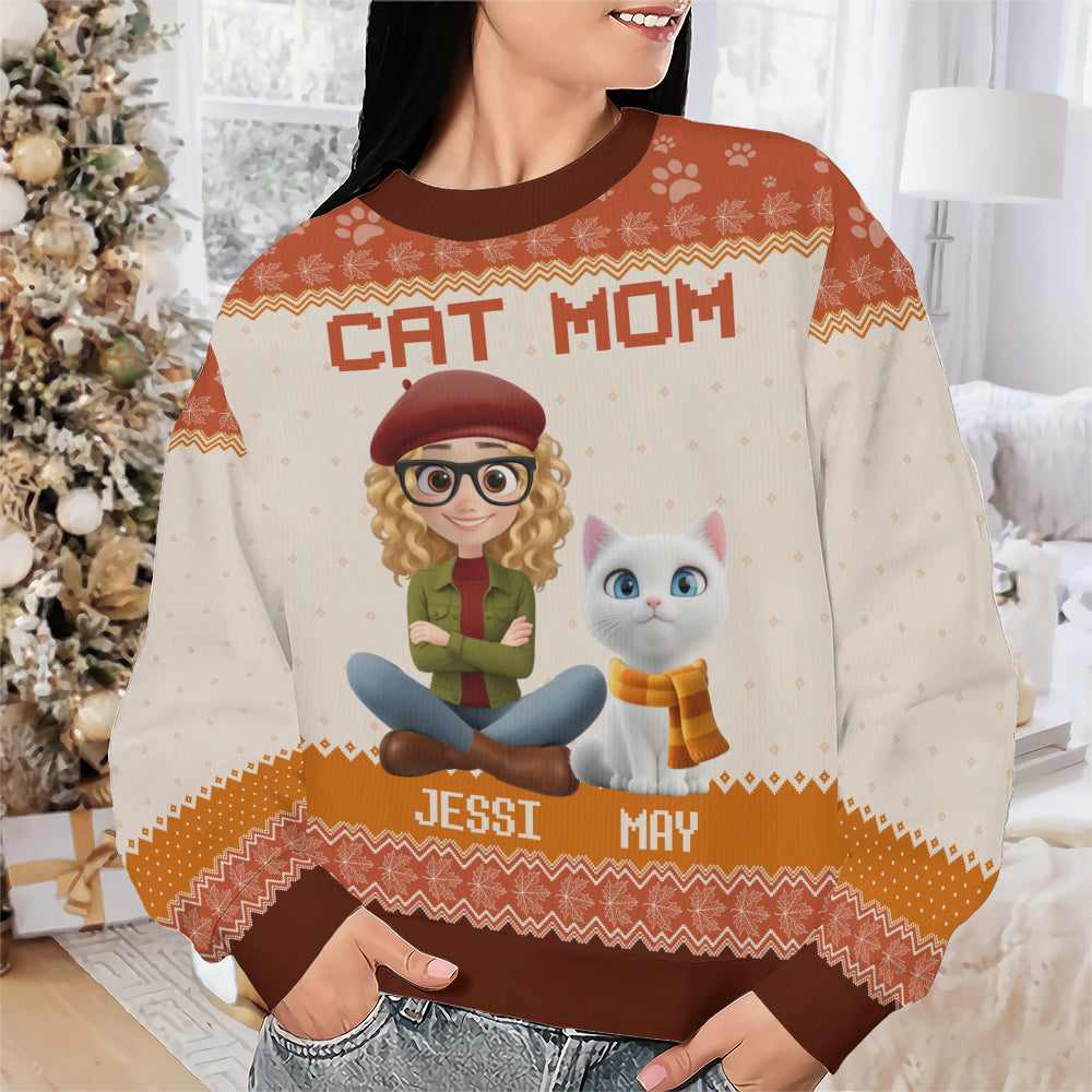 PSTS26 Cat Mom Mum Autumn Leave 3D Cartoon Dog Lover - Personalized Custom Sweater