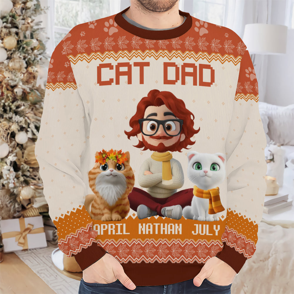 PSTS27 Cat Dad Autumn Leave 3D Cartoon Dog Lover - Personalized Custom Sweater