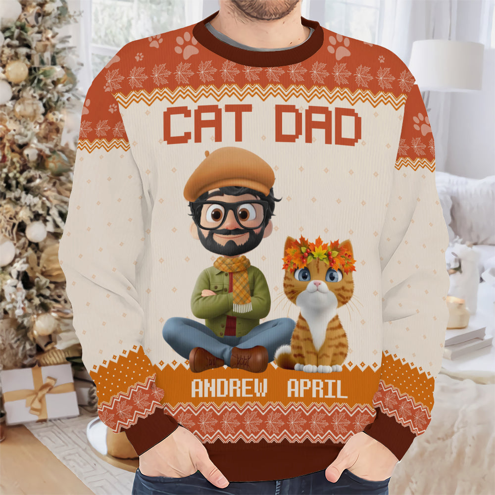 PSTS27 Cat Dad Autumn Leave 3D Cartoon Dog Lover - Personalized Custom Sweater