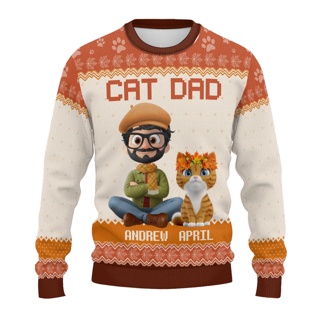 PSTS27 Cat Dad Autumn Leave 3D Cartoon Dog Lover - Personalized Custom Sweater