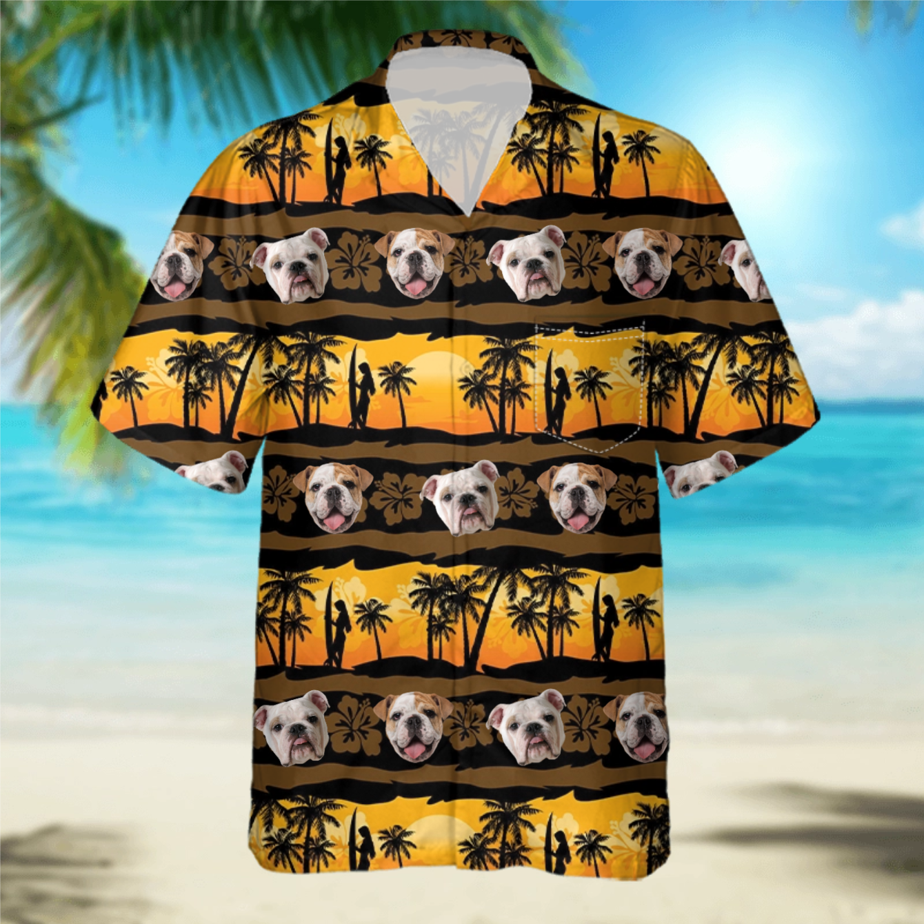 PSH09 Personalized Photo Upload Dog Lover Tropical Frangipani With Palms Sunrise Seamless Hawaiian Shirt