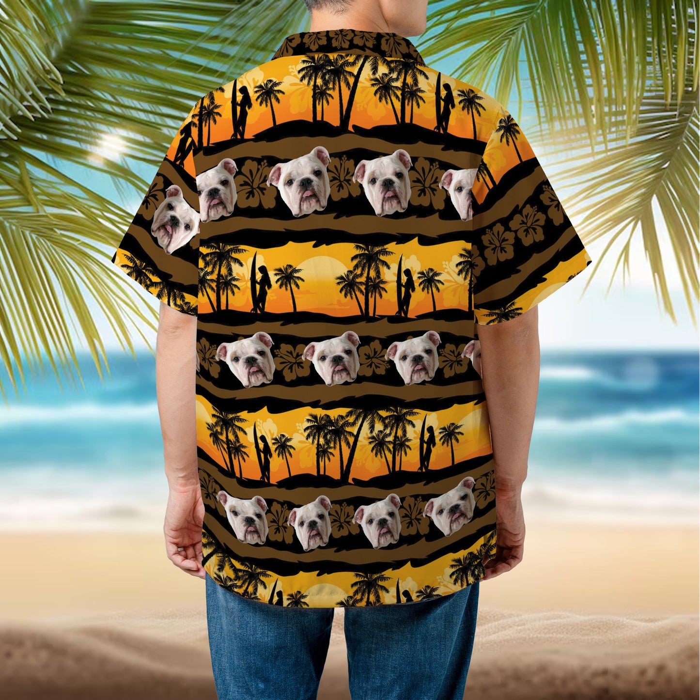 PSH09 Personalized Photo Upload Dog Lover Tropical Frangipani With Palms Sunrise Seamless Hawaiian Shirt