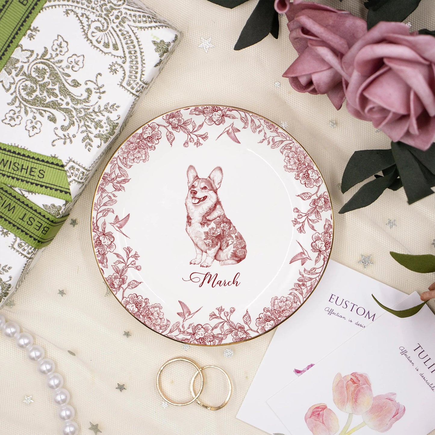 PSD01 Toile De Jouy French Dog Lover - Personalized Custom Jewelry Dish