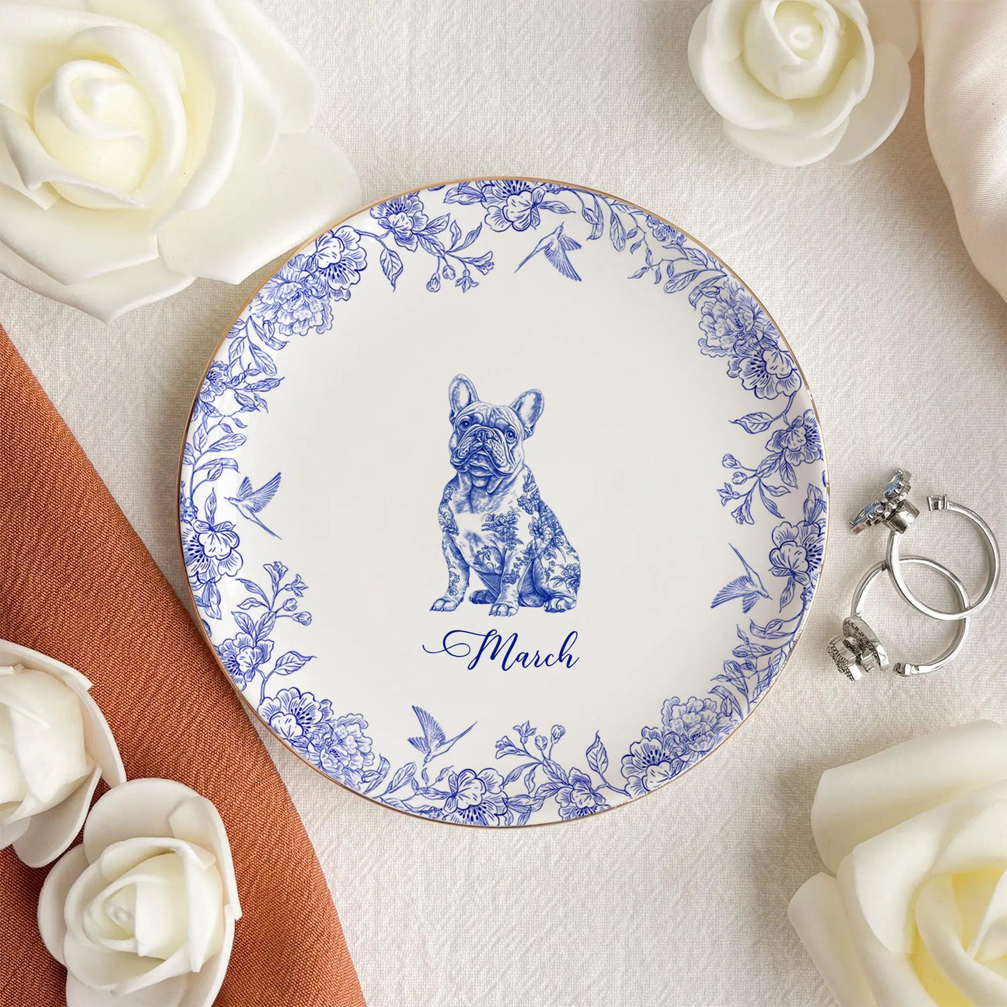 PSD01 Toile De Jouy French Dog Lover - Personalized Custom Jewelry Dish