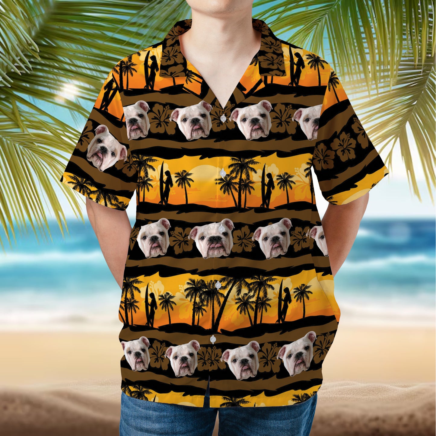 PSH09 Personalized Photo Upload Dog Lover Tropical Frangipani With Palms Sunrise Seamless Hawaiian Shirt