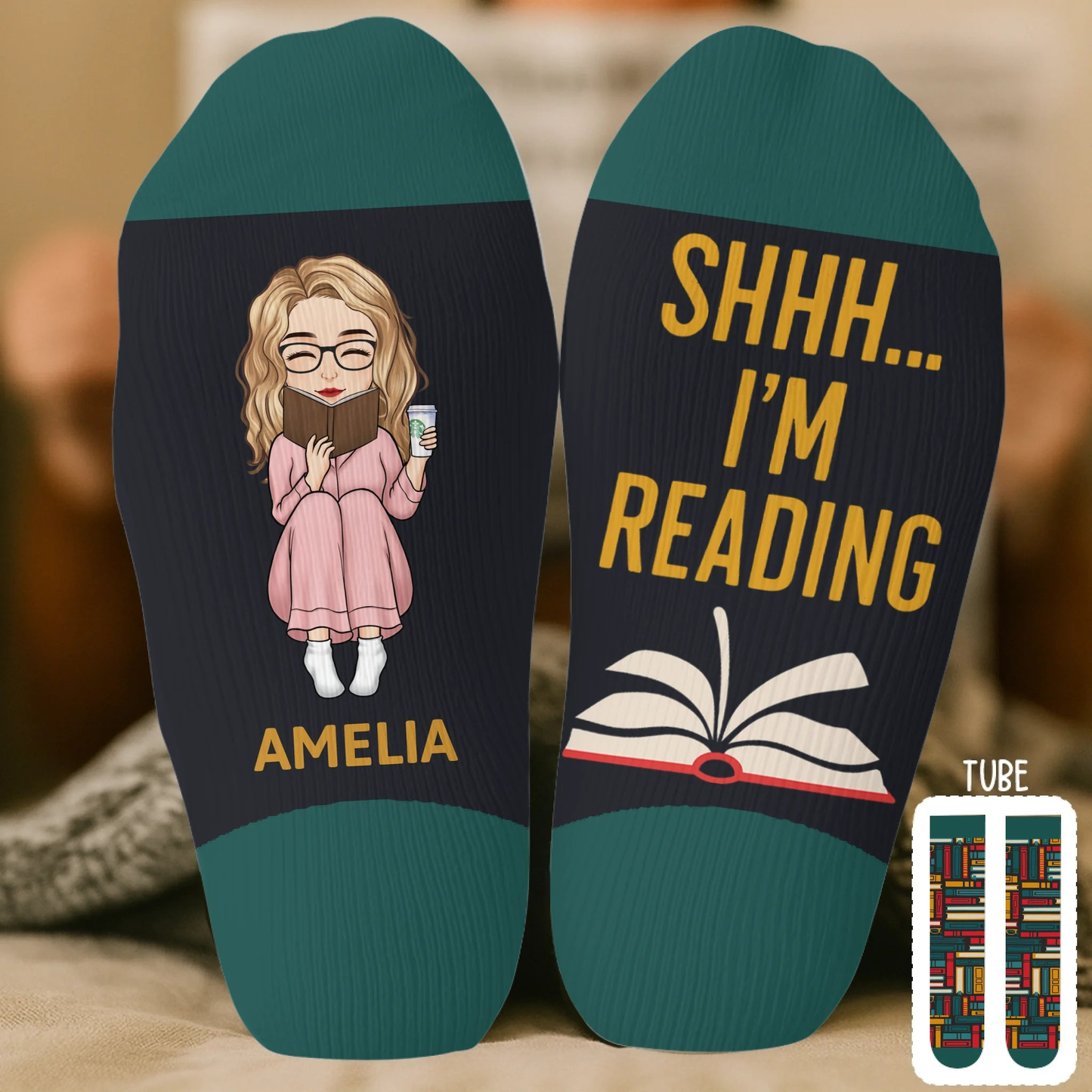 PSSO06 Shhh... I'm Reading Books Lover Bookworms-Personalized Custom Crew Socks