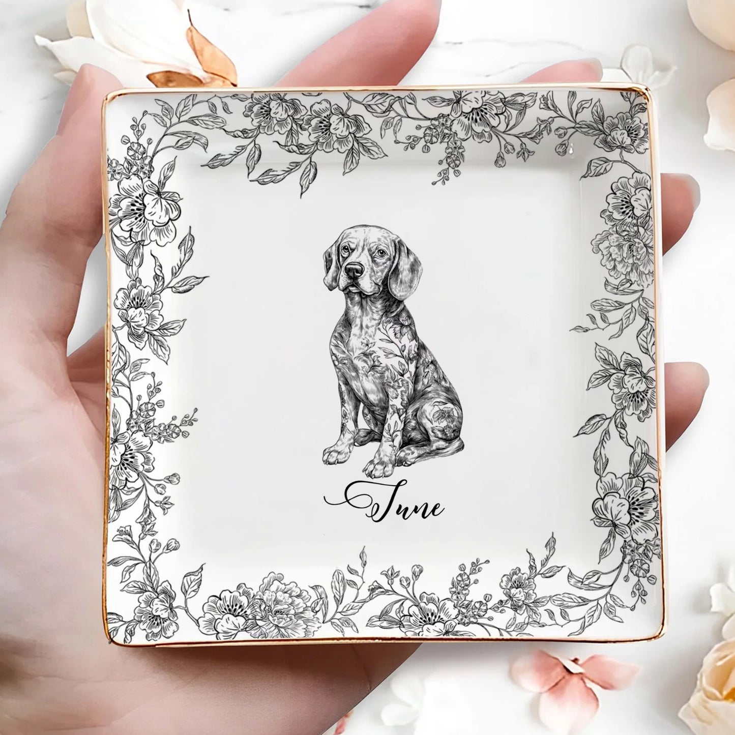 PSD01 Toile De Jouy French Dog Lover - Personalized Custom Jewelry Dish