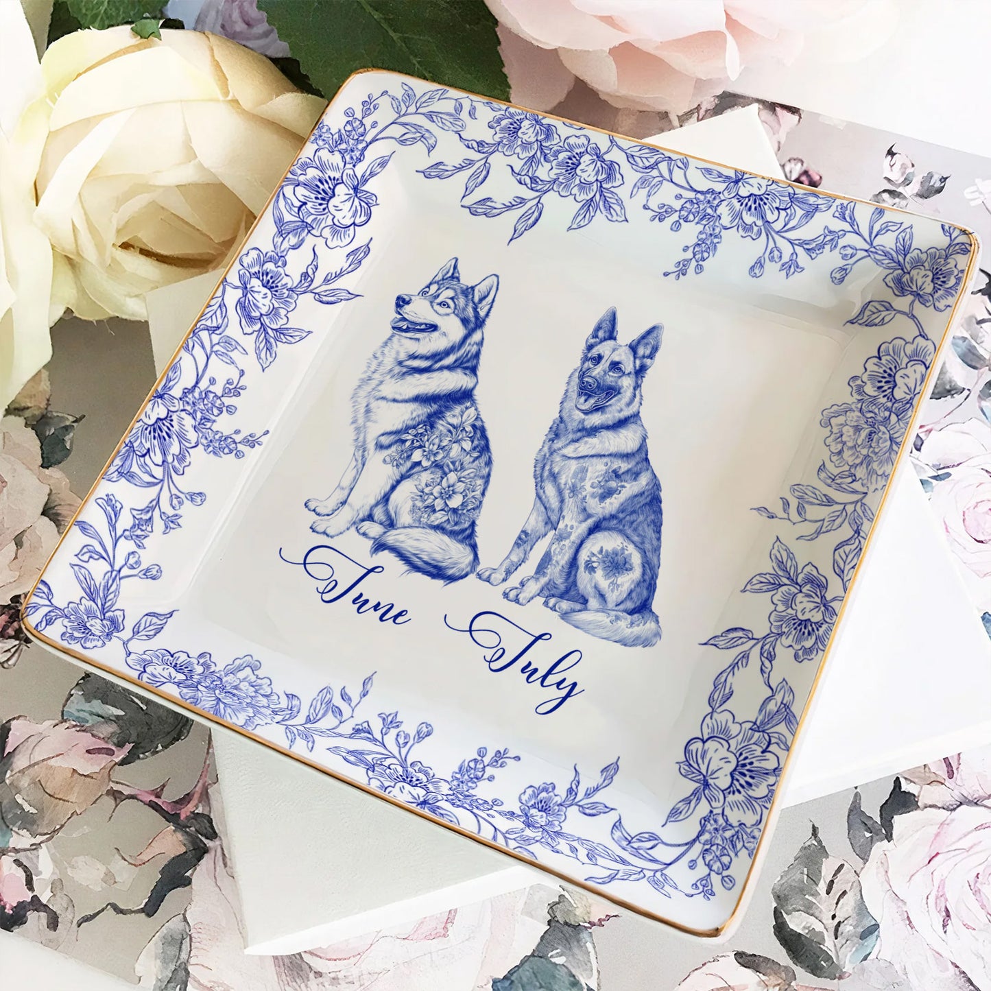 PSD01 Toile De Jouy French Dog Lover - Personalized Custom Jewelry Dish