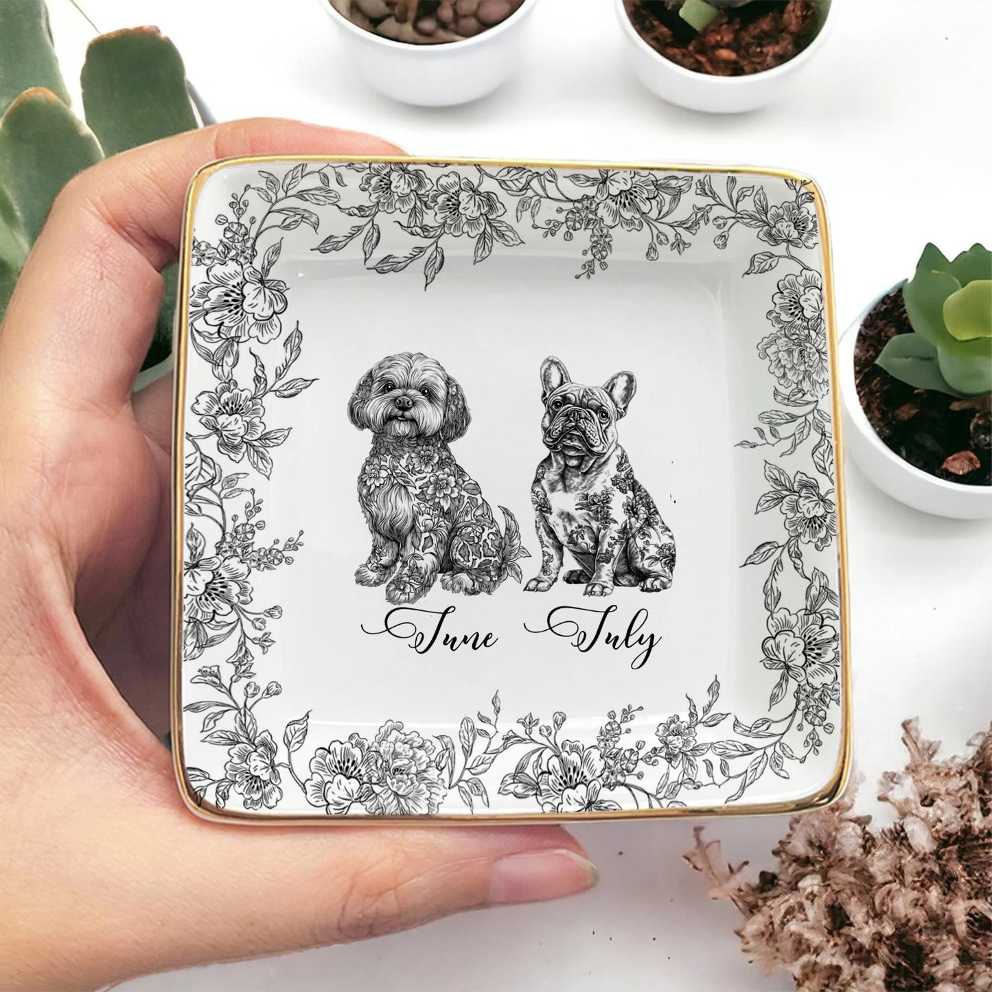 PSD01 Toile De Jouy French Dog Lover - Personalized Custom Jewelry Dish