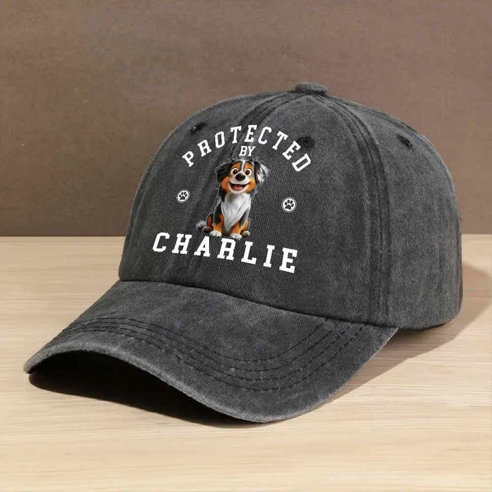 UPST76 Protected By Dog - Personalized Custom Wash Denim Cap