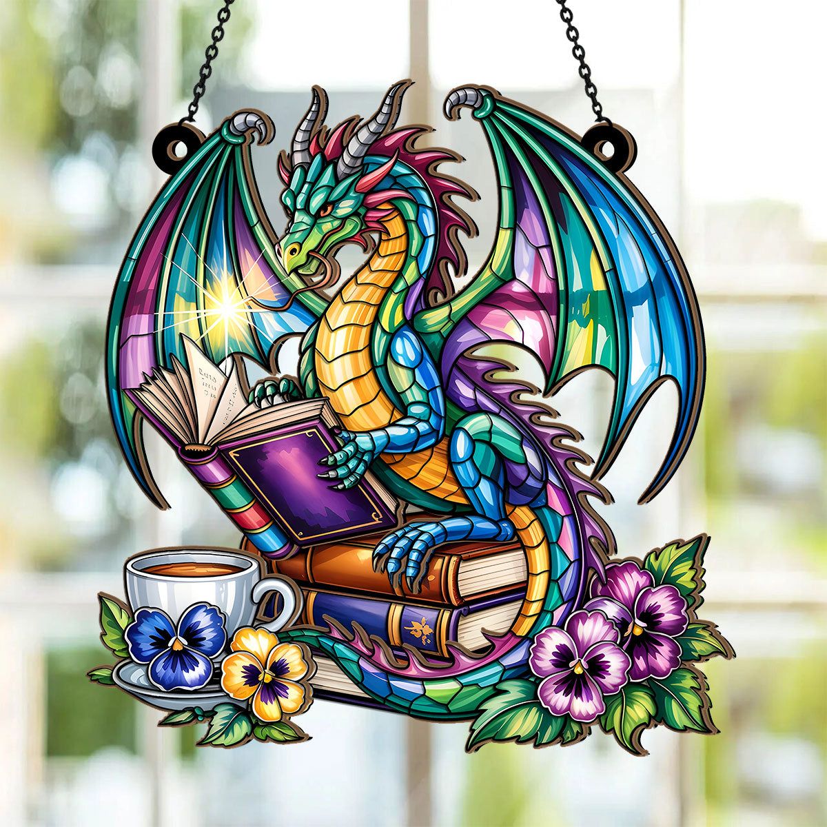 PSSW08 Book Dragon Window Hanging Suncatcher Ornament