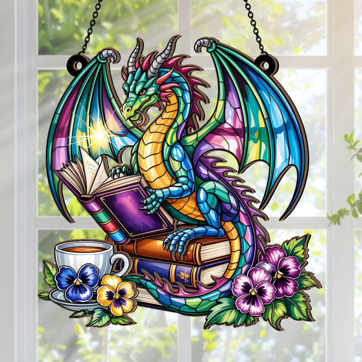 PSSW08 Book Dragon Window Hanging Suncatcher Ornament