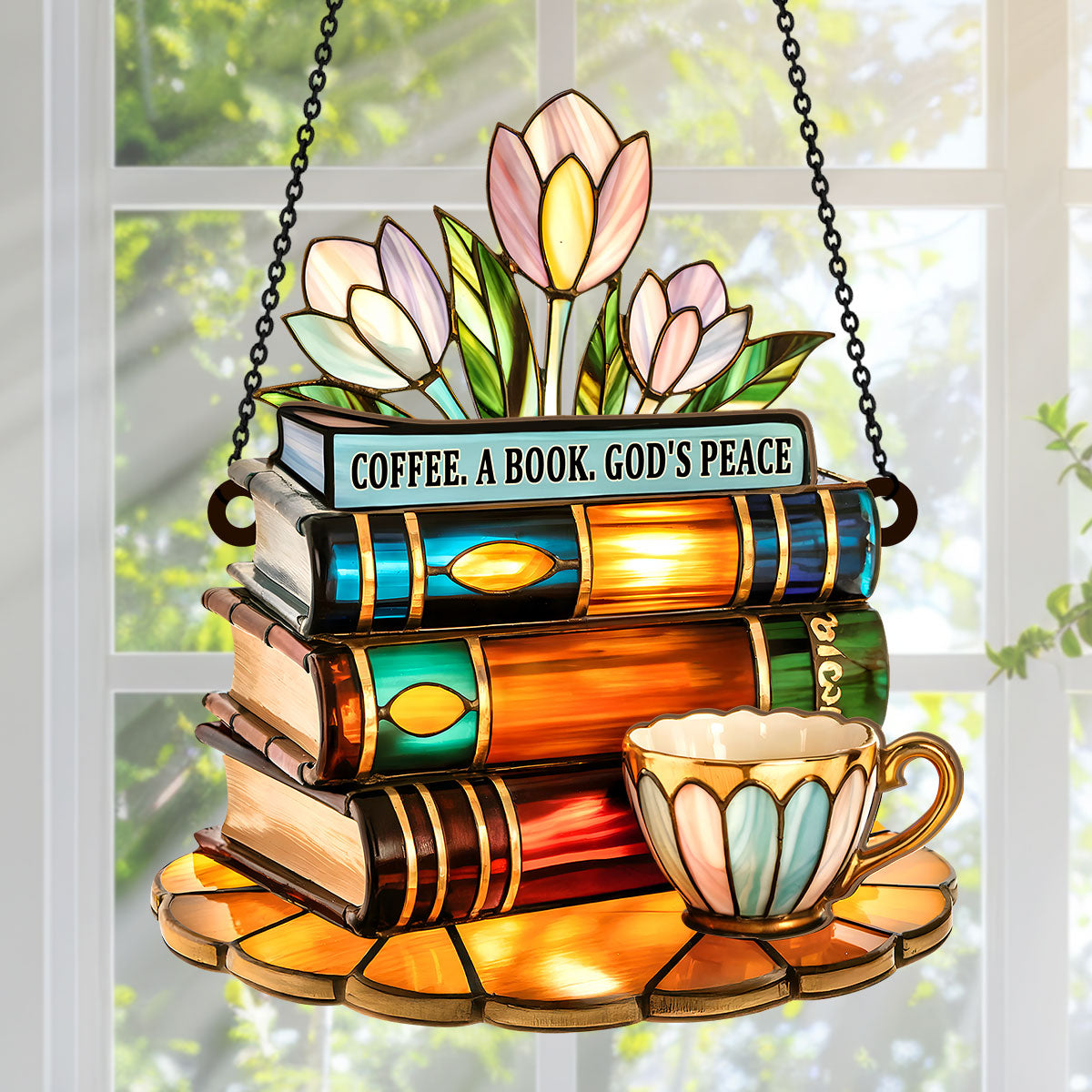 PSSW11 Coffee A Book God's Peace Window Hanging Suncatcher Ornament