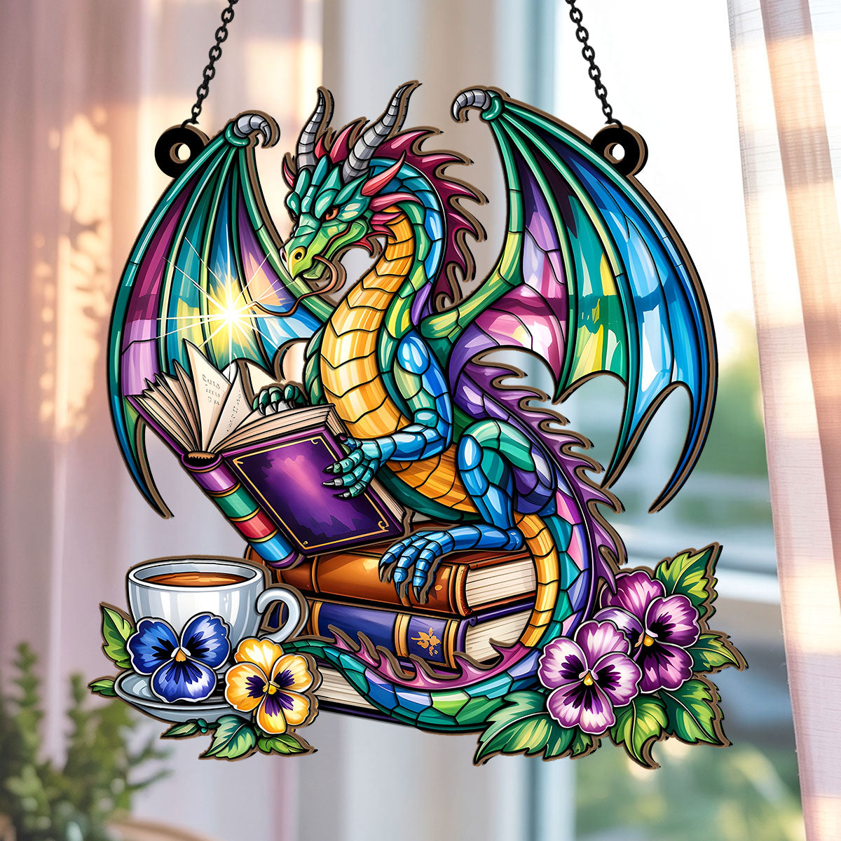 PSSW08 Book Dragon Window Hanging Suncatcher Ornament