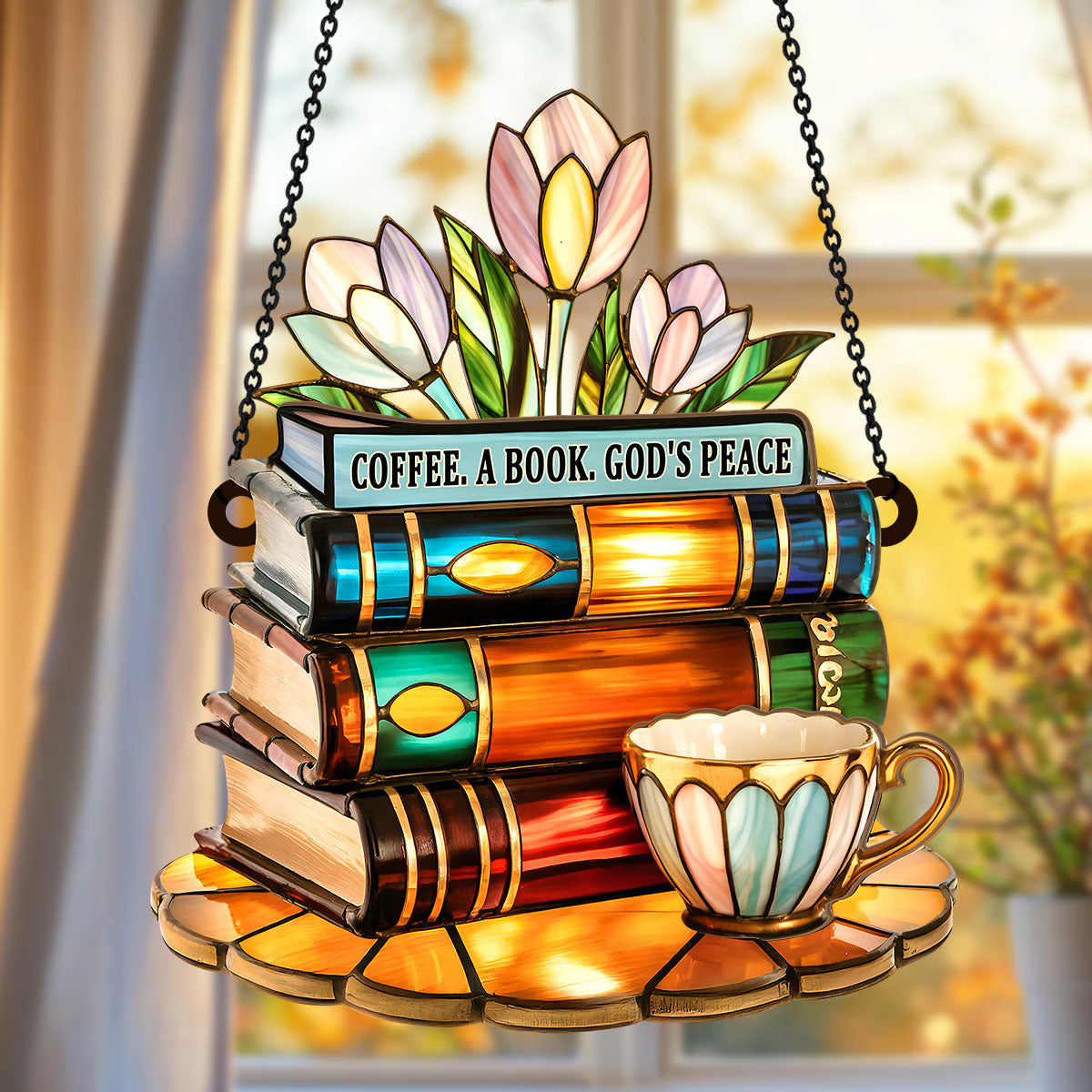 PSSW11 Coffee A Book God's Peace Window Hanging Suncatcher Ornament