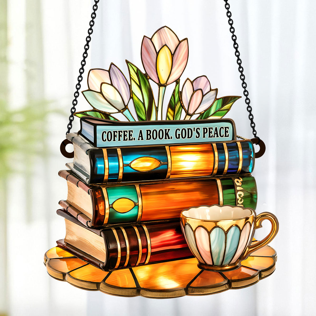 PSSW11 Coffee A Book God's Peace Window Hanging Suncatcher Ornament