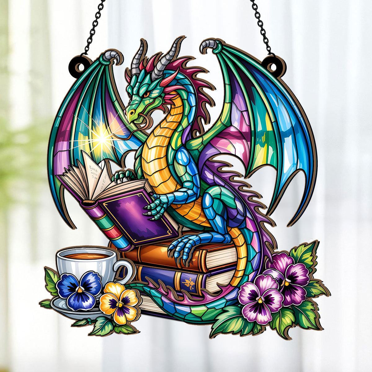 PSSW08 Book Dragon Window Hanging Suncatcher Ornament