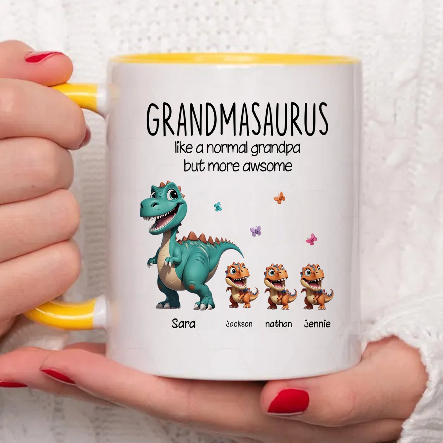 TPST179 Grandmasaurus And Kids 3D Effect Dinosaurs - Personalized White Mug Accent Mug