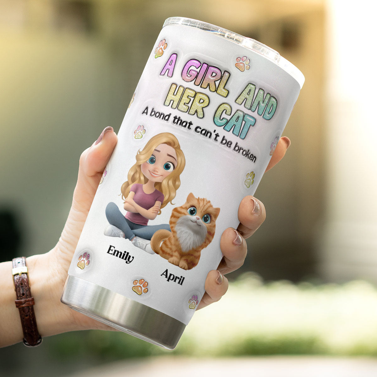 PSTB27 A Girl And Her Cat 3D Inflated Effect - Personalized Custom Tumbler