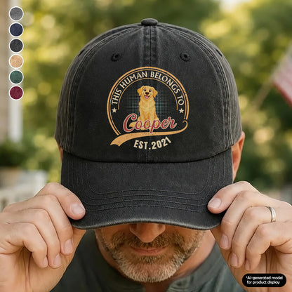 UPST109 This Human Belongs To Dog - Personalized Custom Wash Denim Cap