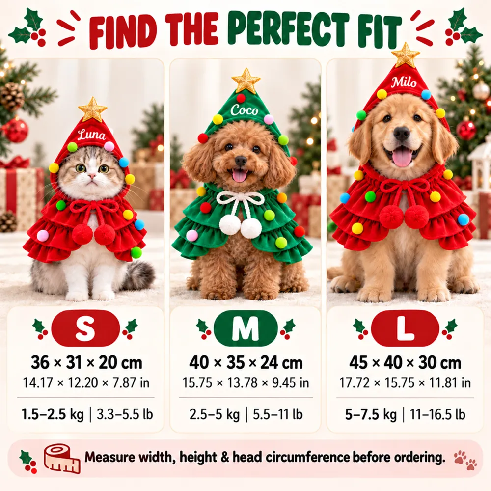PST263 Christmas Tree Dog Costume with Name - Personalized Pet Cape