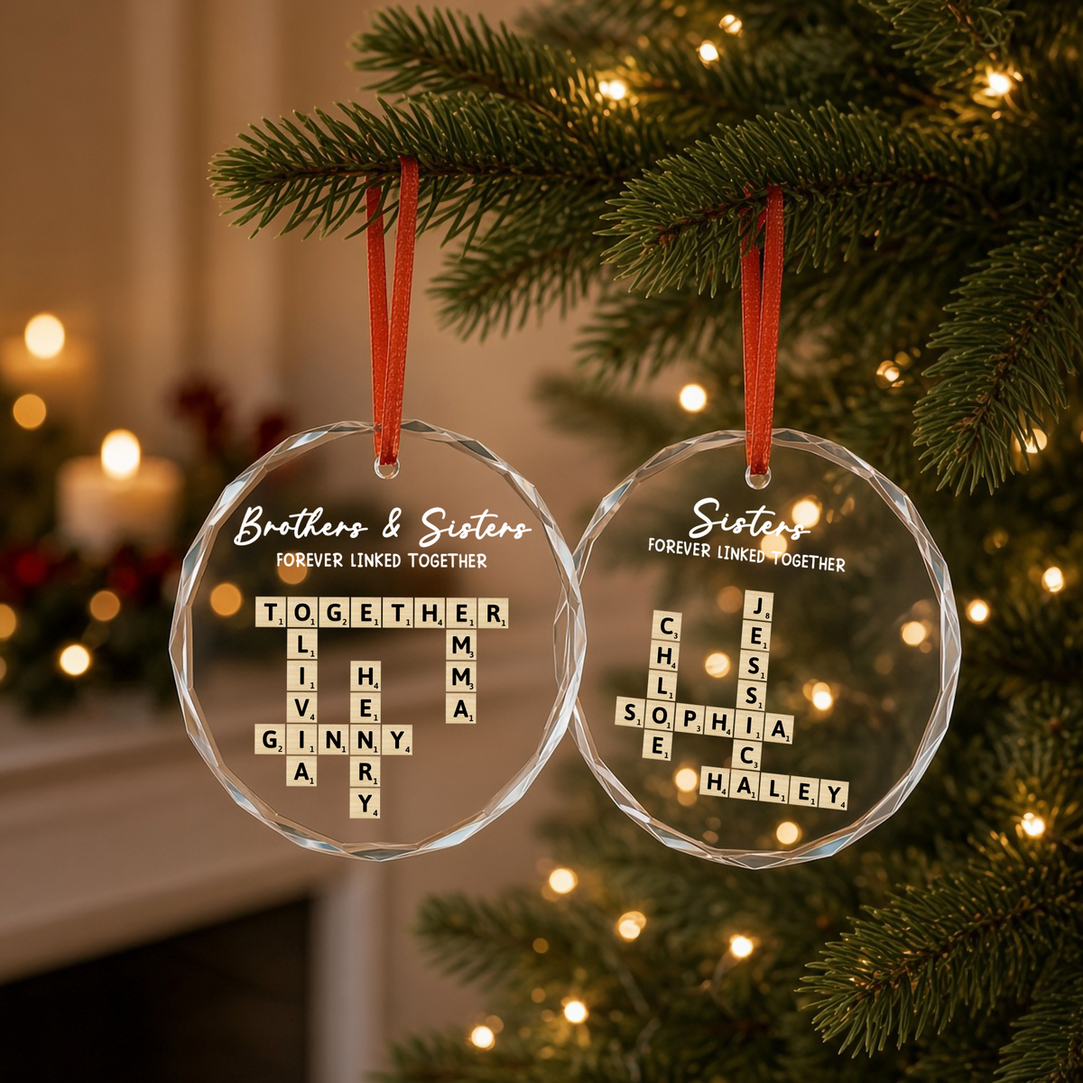 UPST144 Siblings Together Names Crossword Puzzle - Personalized Glass Ornament