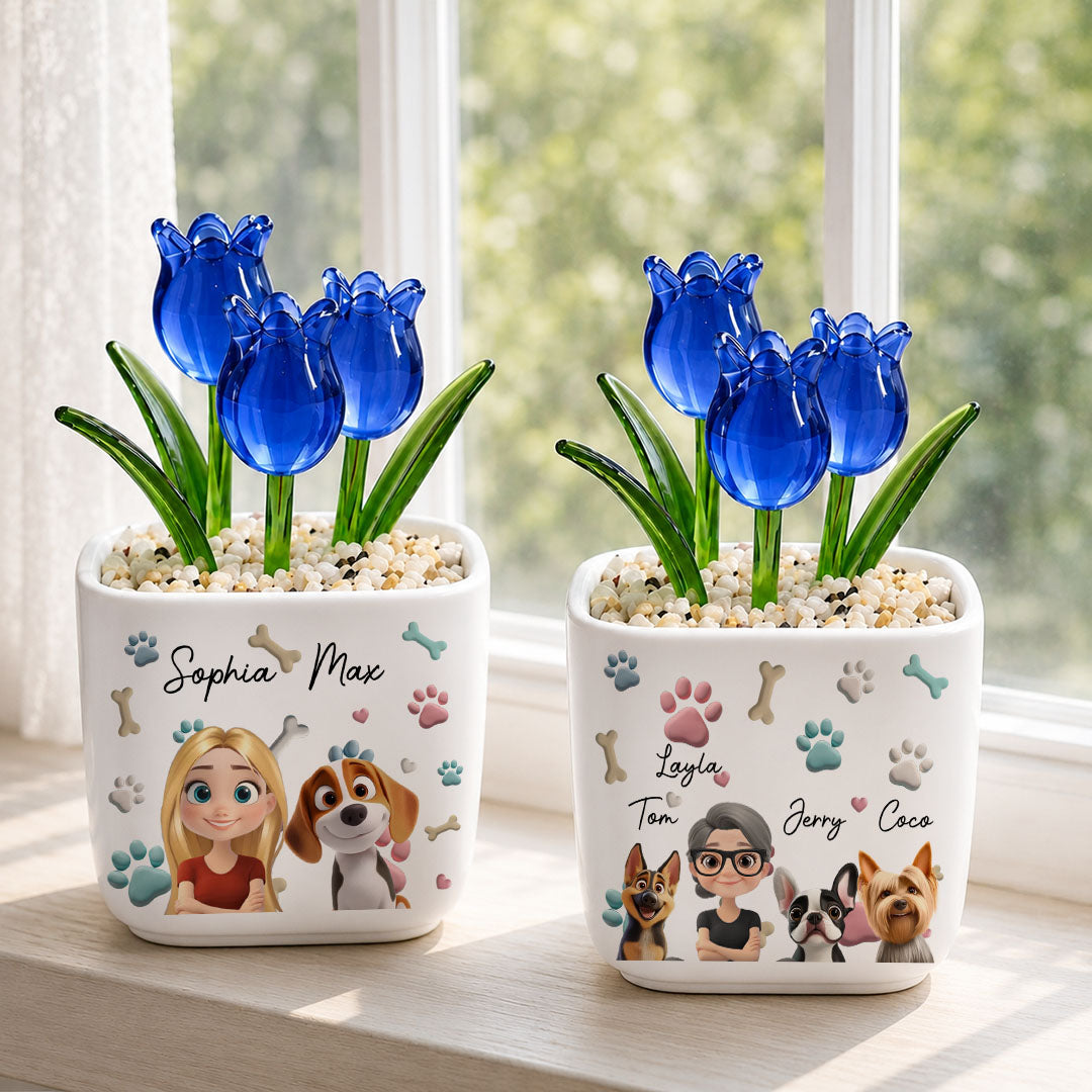 UPST154 Dog Mom Cartoon - Personalized Custom Glass Everlasting Tulips