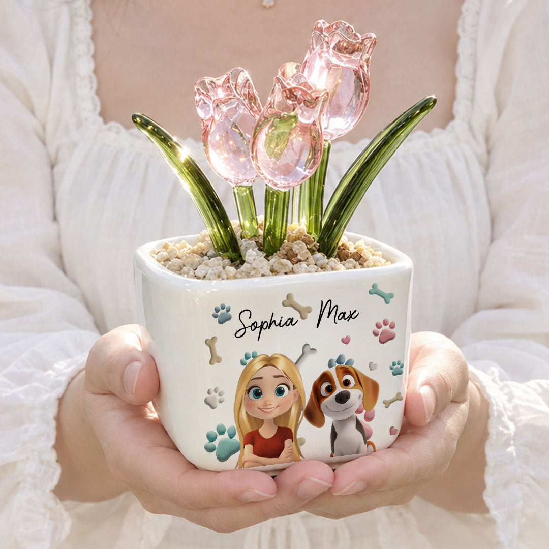 UPST154 Dog Mom Cartoon - Personalized Custom Glass Everlasting Tulips