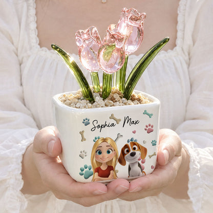 UPST154 Dog Mom Cartoon - Personalized Custom Glass Everlasting Tulips