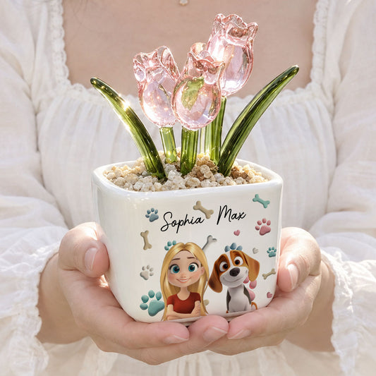 UPST154 Dog Mom Cartoon - Personalized Custom Glass Everlasting Tulips