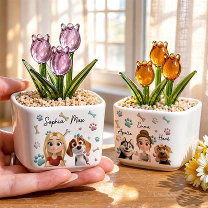 UPST154 Dog Mom Cartoon - Personalized Custom Glass Everlasting Tulips