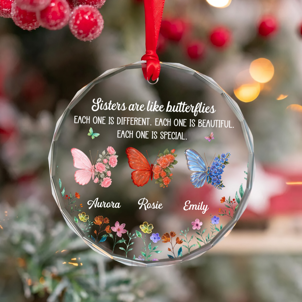 UPST162 Sisters Are Like Butterflies - Personalized Glass Ornament
