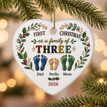 UPST179 Our First Christmas Family Of Three 3D Effect - Personalized Ceramic Ornament