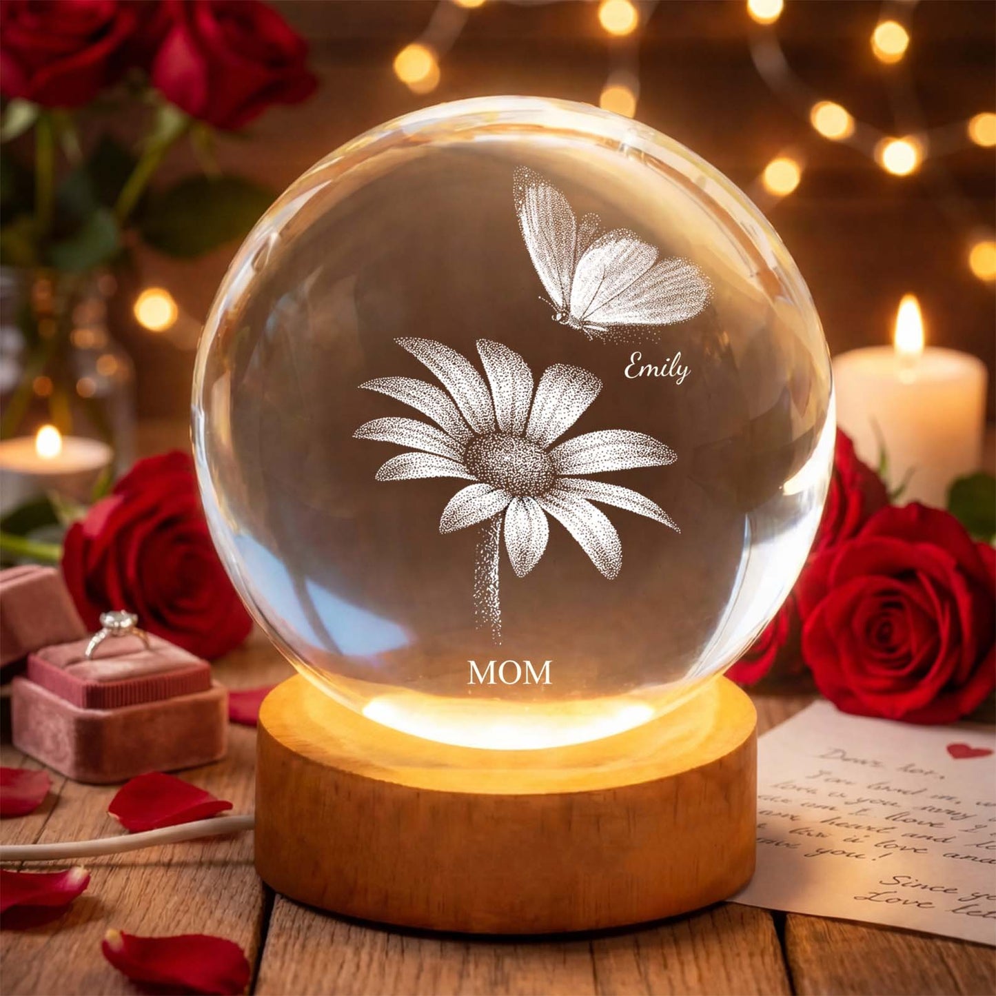 PCB10 Daisy Flower Butterflies Mom Grandma - Custom 3D Crystal Ball Lamp