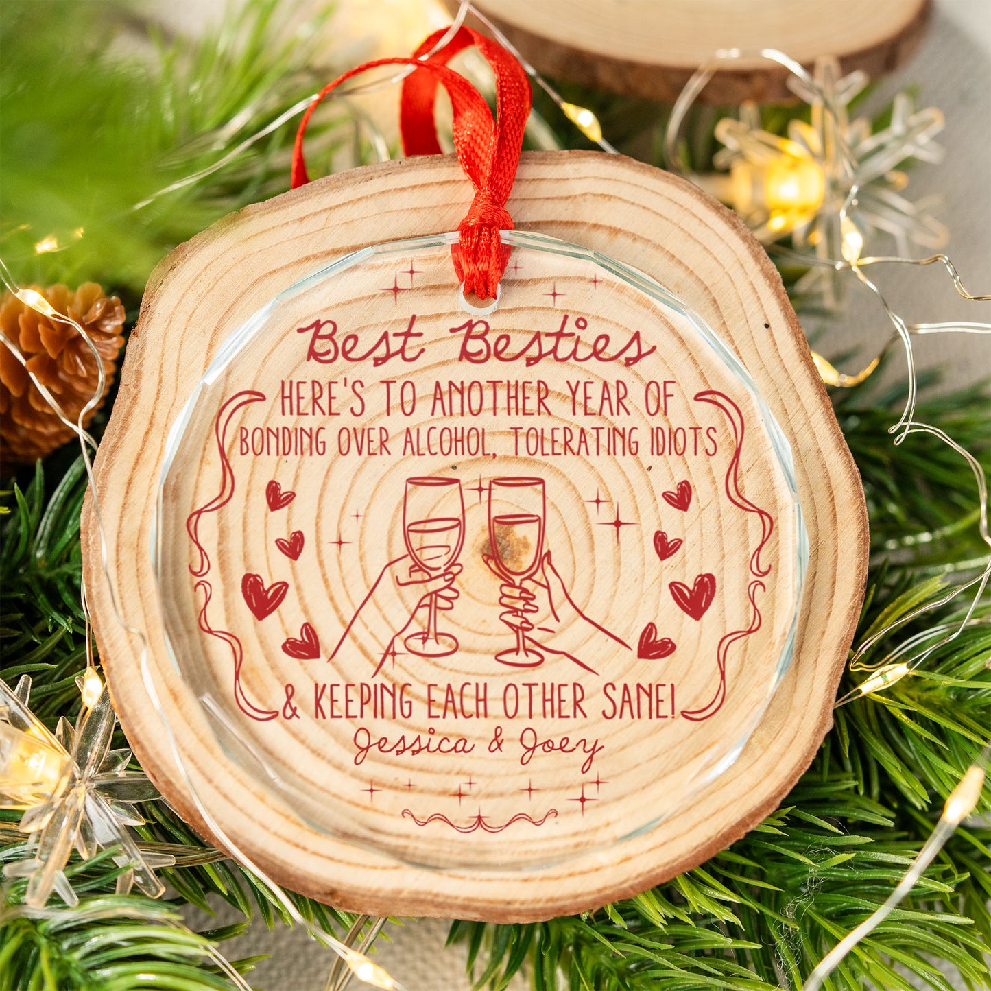 PSTG03 Best B*tches Here's To Another Year Of Bonding Over Alcohol - Personalized Glass Ornament