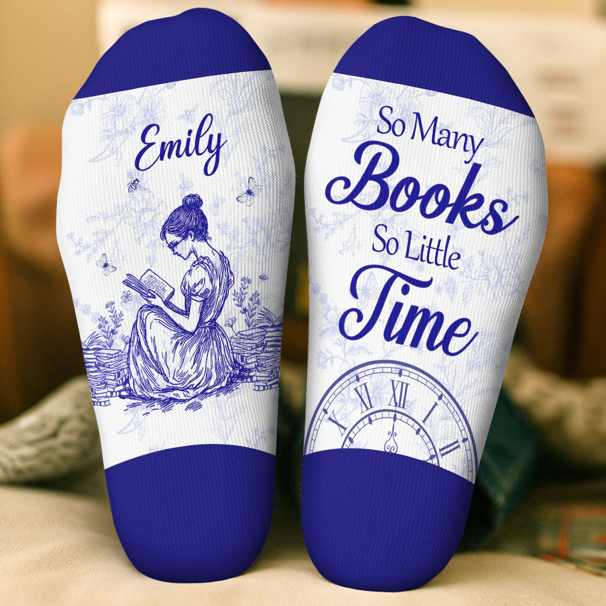 PSSO07 So Many Books So Little Time Toile De Jouy Style-Personalized Custom Crew Socks